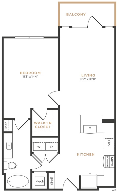Floor plan for 1 bed, 1 bath, 791 sqft